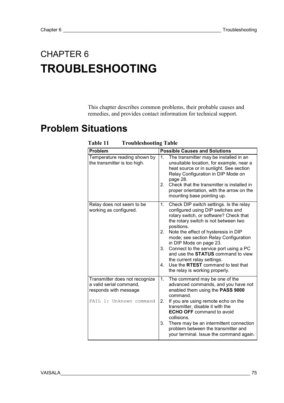 Troubleshooting, Problem situations, Chapter 6 | Chapter 6, troubleshooting | Vaisala HMW90 User Manual | Page 77 / 110