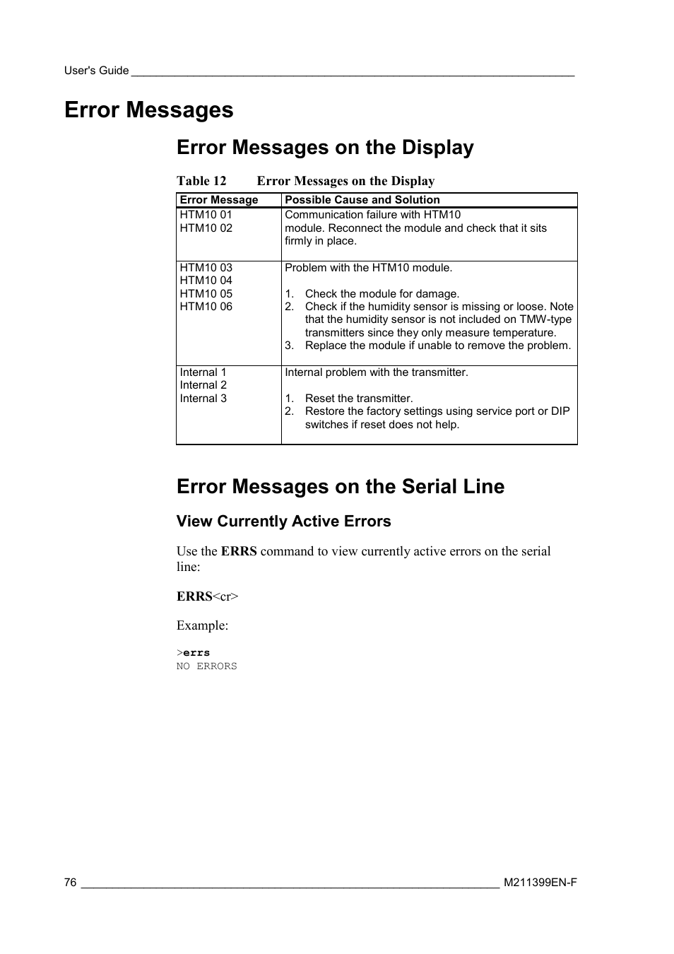 Error messages, Error messages on the display, Error messages on the serial line | View currently active errors, On error messages on the display | Vaisala HMW90 User Manual | Page 78 / 110