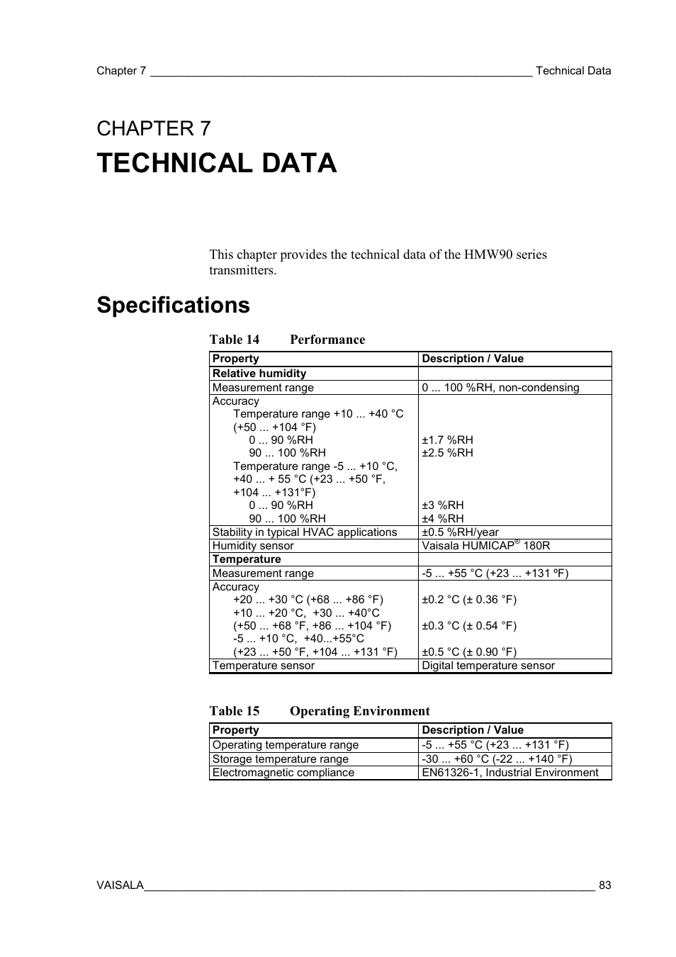 Technical data, Specifications, Chapter 7 | Chapter 7, technical data, Ee chapter 7, Technical data, on pa | Vaisala HMW90 User Manual | Page 85 / 110