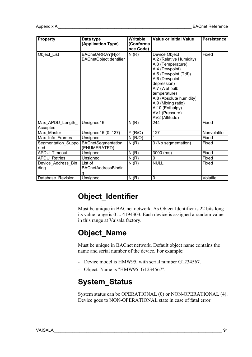 Object_identifier, Object_name, System_status | Vaisala HMW90 User Manual | Page 93 / 110