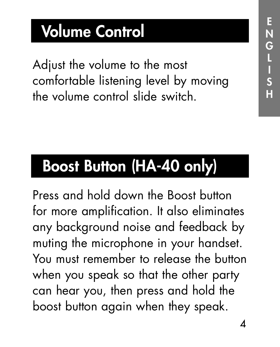 Volume control, Boost button (ha-40 only) | Ameriphone HA30 User Manual | Page 16 / 50