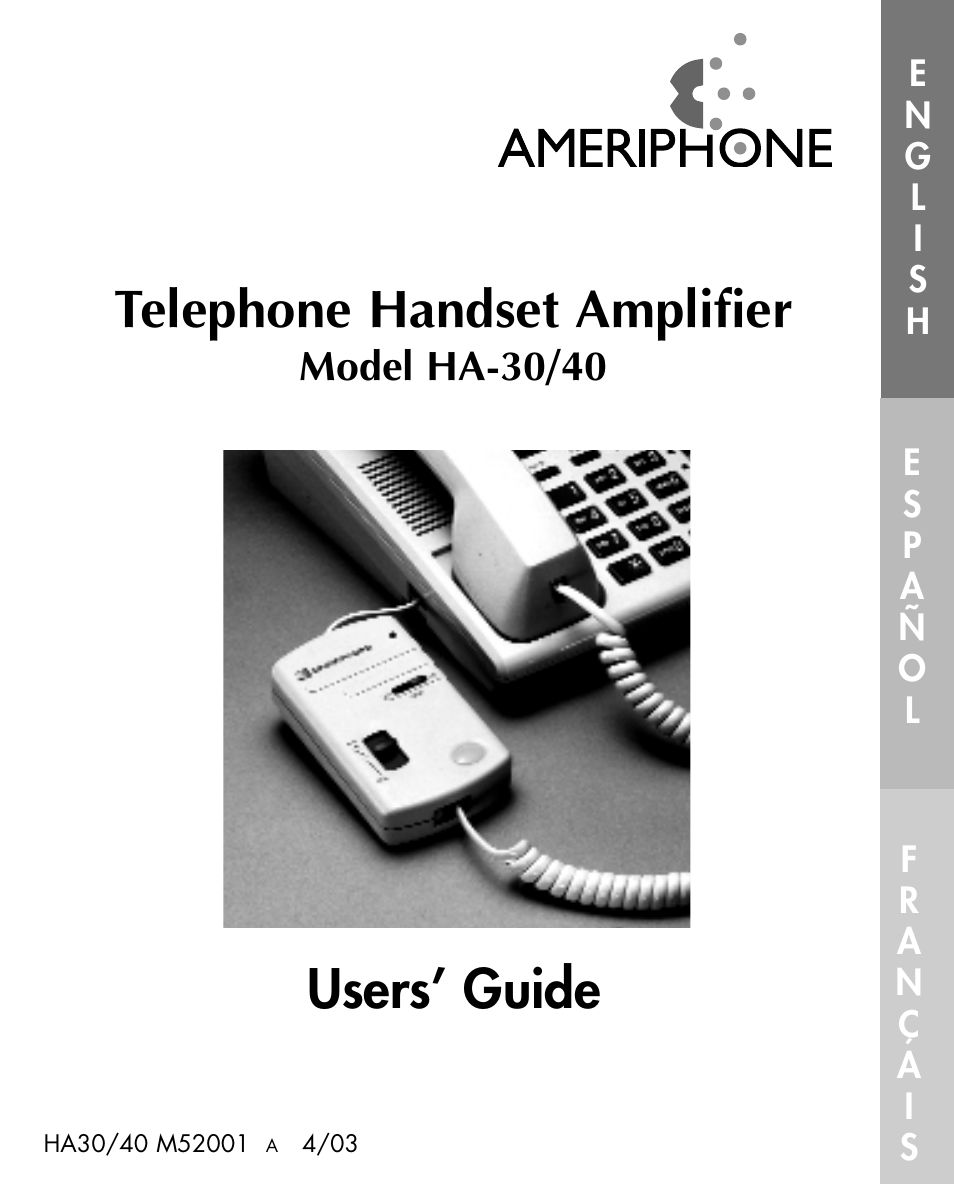 Users’ guide ∆ telephone handset amplifier | Ameriphone HA30 User Manual | Page 2 / 50