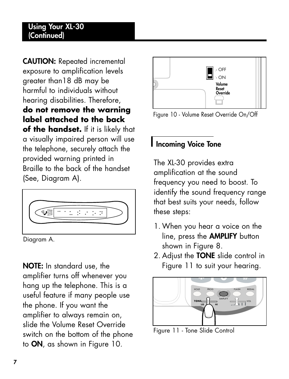 Figure 10 - volume reset override on/off, Figure 11 - tone slide control, Diagram a | Ameriphone DIALOGUE XL 30 User Manual | Page 13 / 28