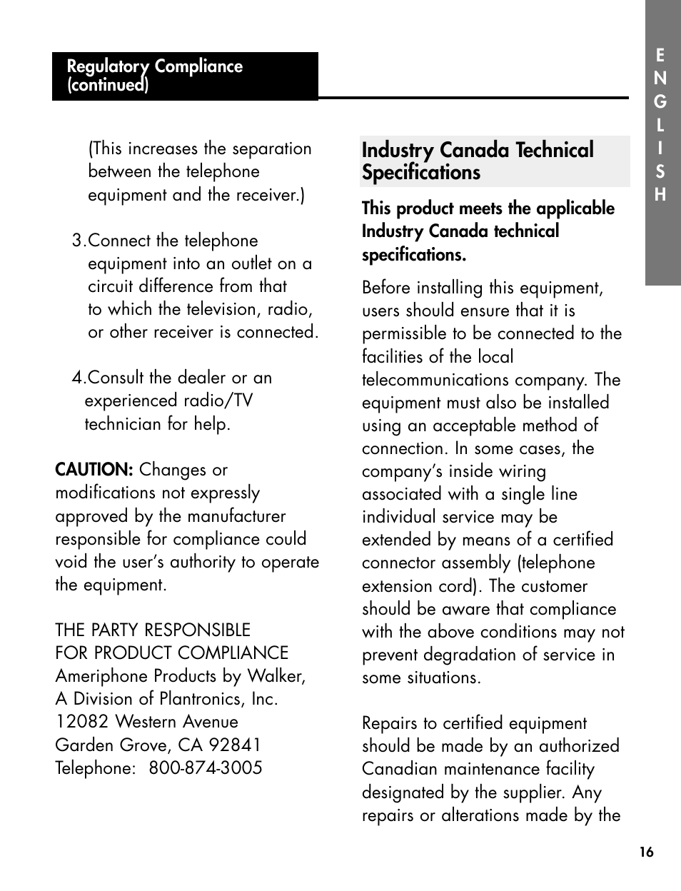 Industry canada technical specifications | Ameriphone DIALOGUE XL 30 User Manual | Page 22 / 28