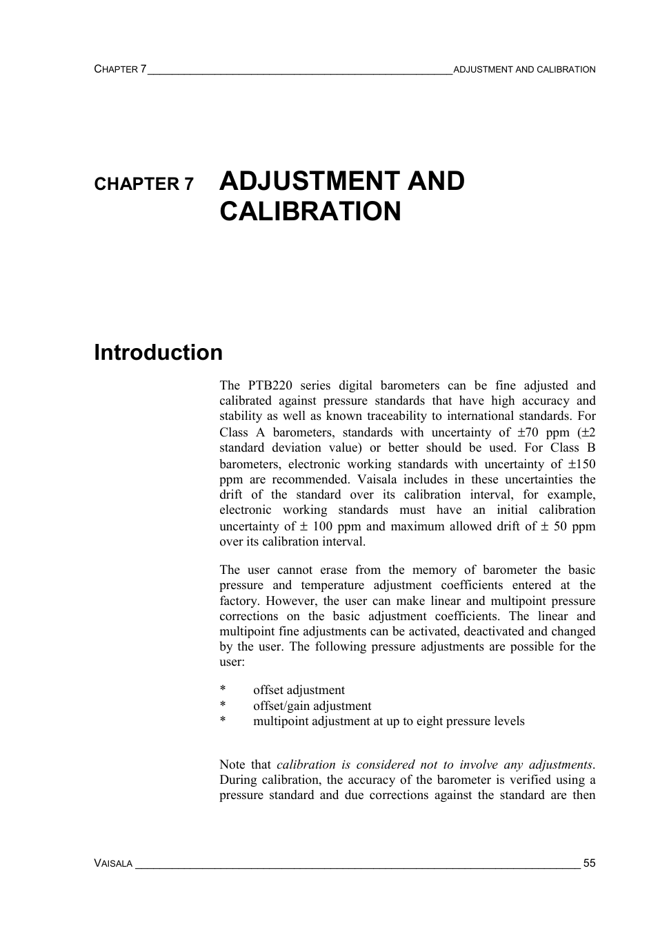 Chapter 7 adjustment and calibration, Introduction, Chapter 7 | Adjustment and calibration introduction, Adjustment and calibration | Vaisala PTB220 User Manual | Page 61 / 113