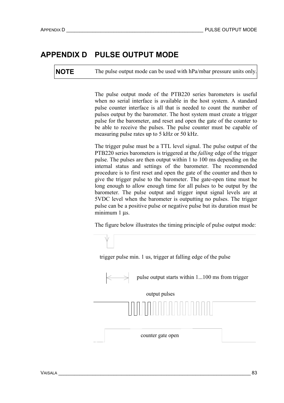 Appendix d pulse output mode, Appendix e analog output | Vaisala PTB220 User Manual | Page 89 / 113