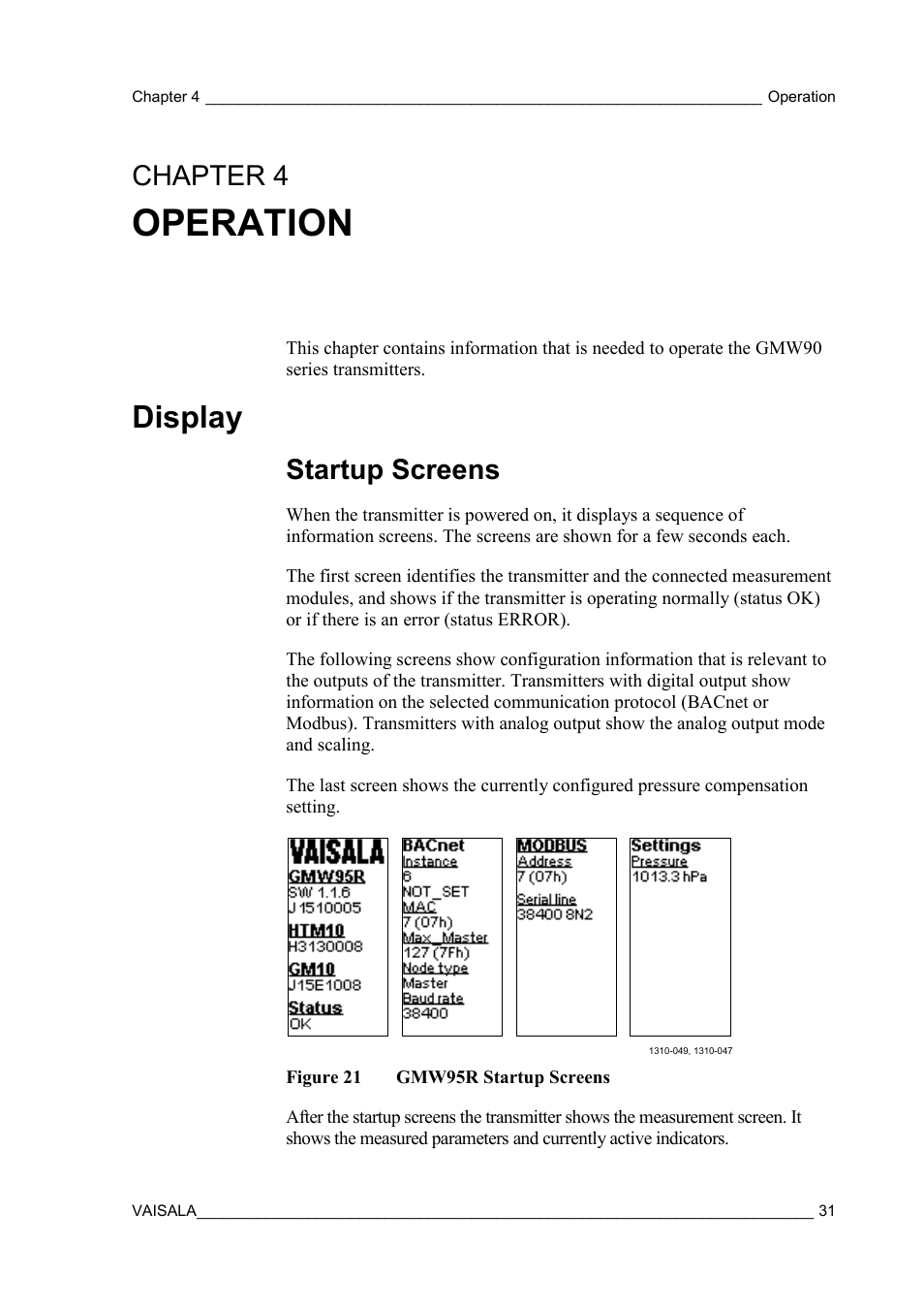 Operation, Display, Startup screens | Chapter 4, Figure 21, Gmw95r startup screens, Chapter 4, operation, N chapter 4, Operation, on pa, Chapter 4, operation, on | Vaisala GMW90 User Manual | Page 33 / 101