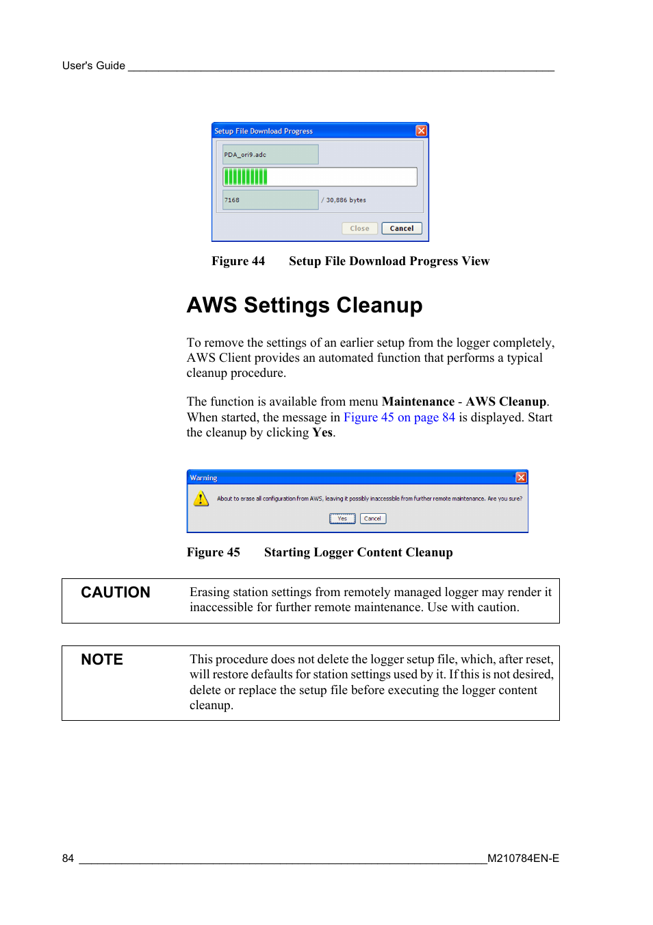 Aws settings cleanup, Figure 44, Setup file download progress view | Figure 45, Starting logger content cleanup, Caution | Vaisala Hydromet Data Collection Platform User Manual | Page 86 / 160