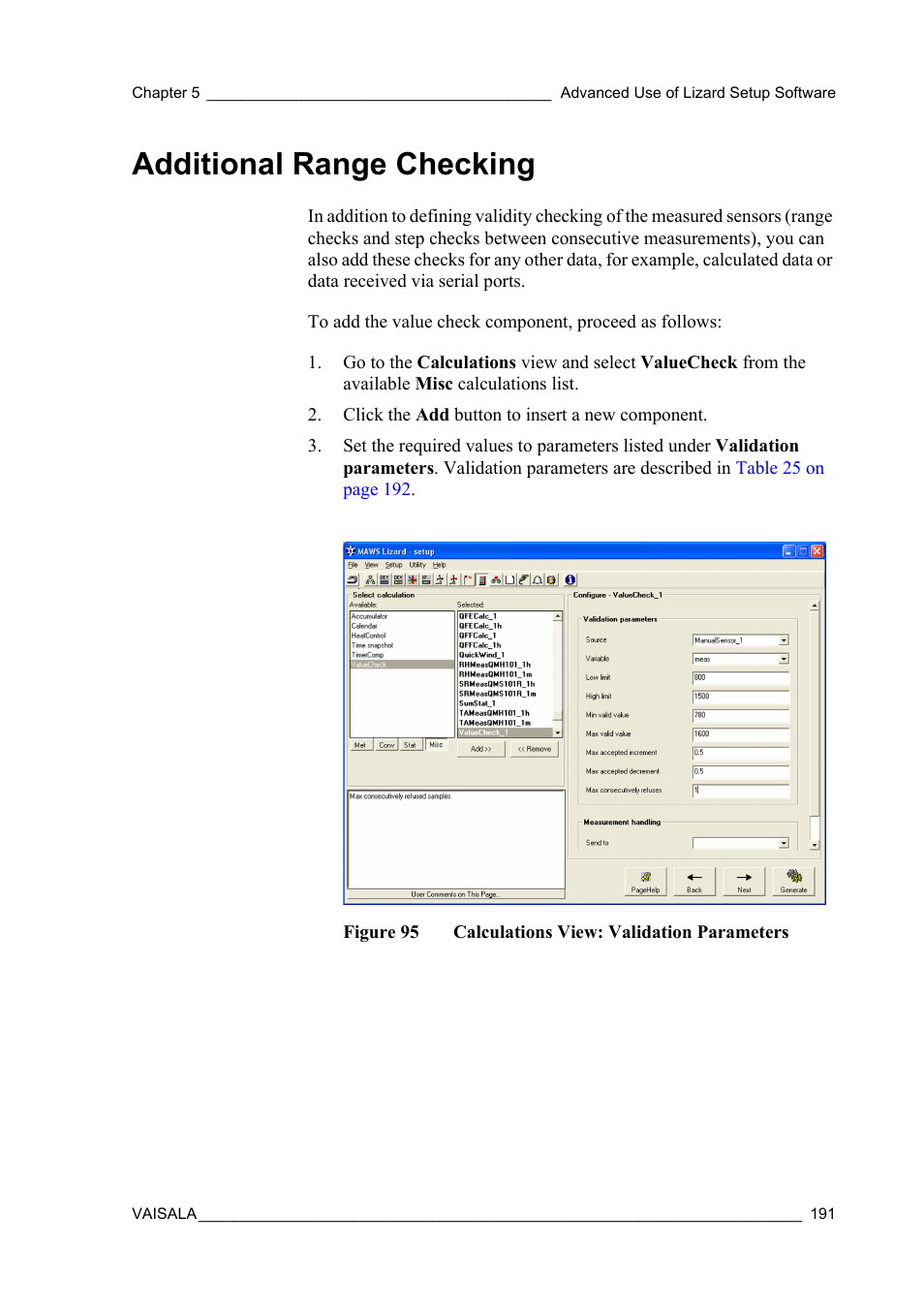 Additional range checking, Figure 95, Calculations view: validation parameters | Vaisala Hydromet Data Collection Platform User Manual | Page 193 / 218