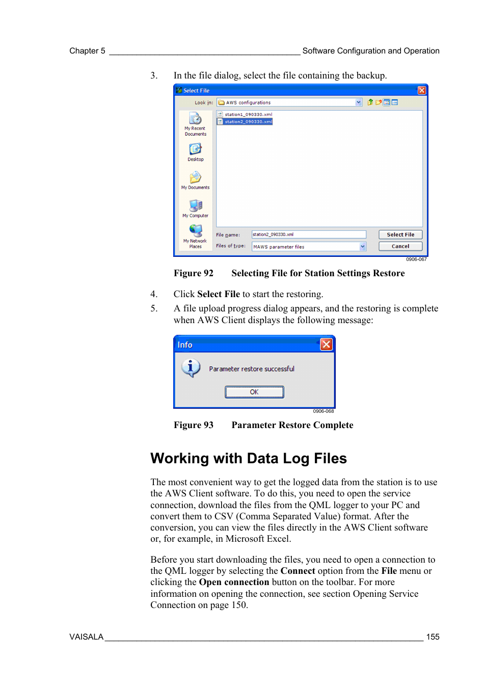 Working with data log files | Vaisala AWS330 User Manual | Page 157 / 296