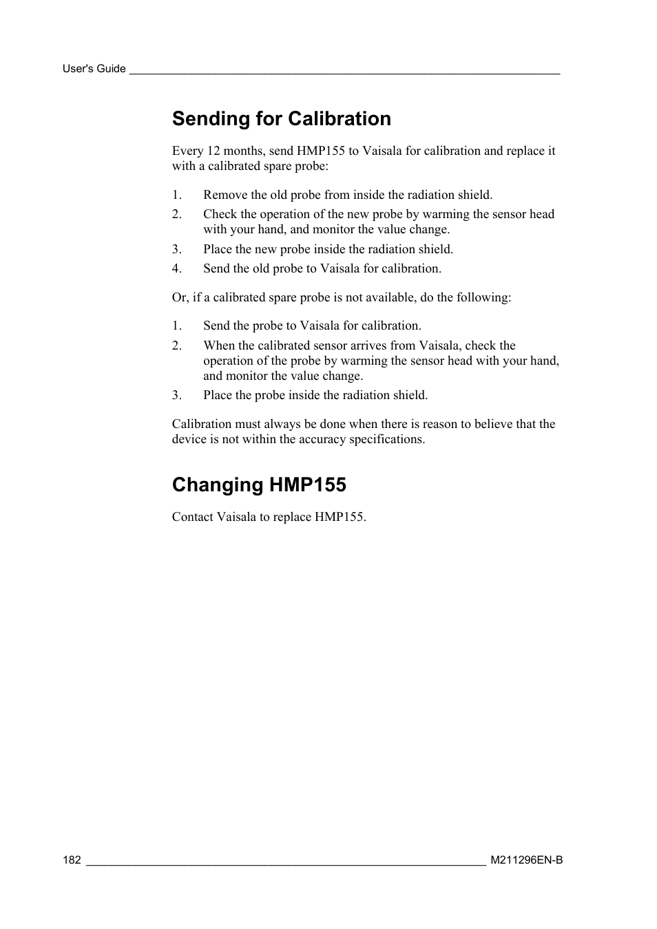 Sending for calibration, Changing hmp155 | Vaisala AWS330 User Manual | Page 184 / 296