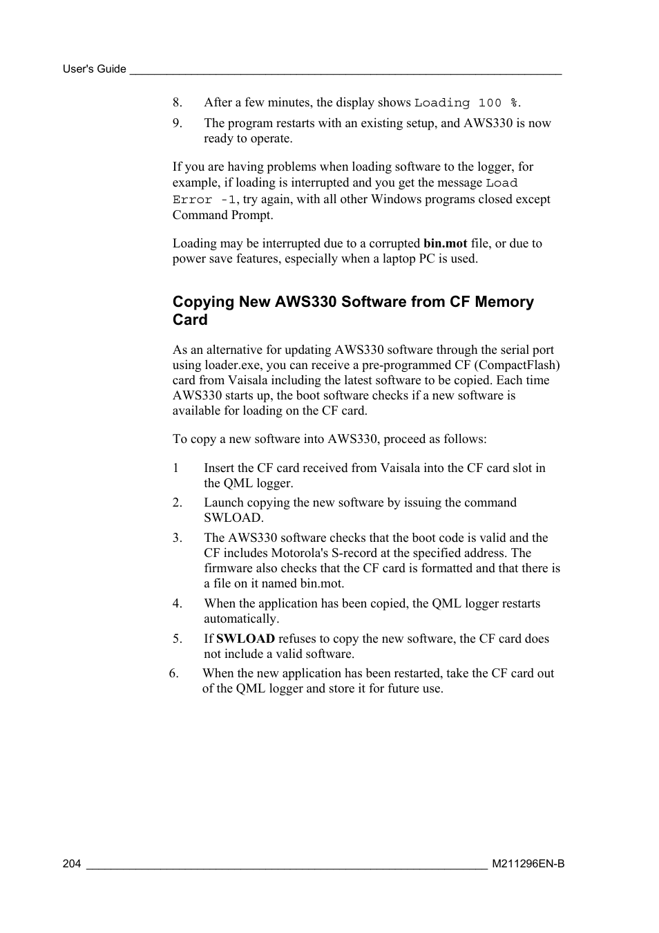 Copying new aws330 software from cf memory card | Vaisala AWS330 User Manual | Page 206 / 296