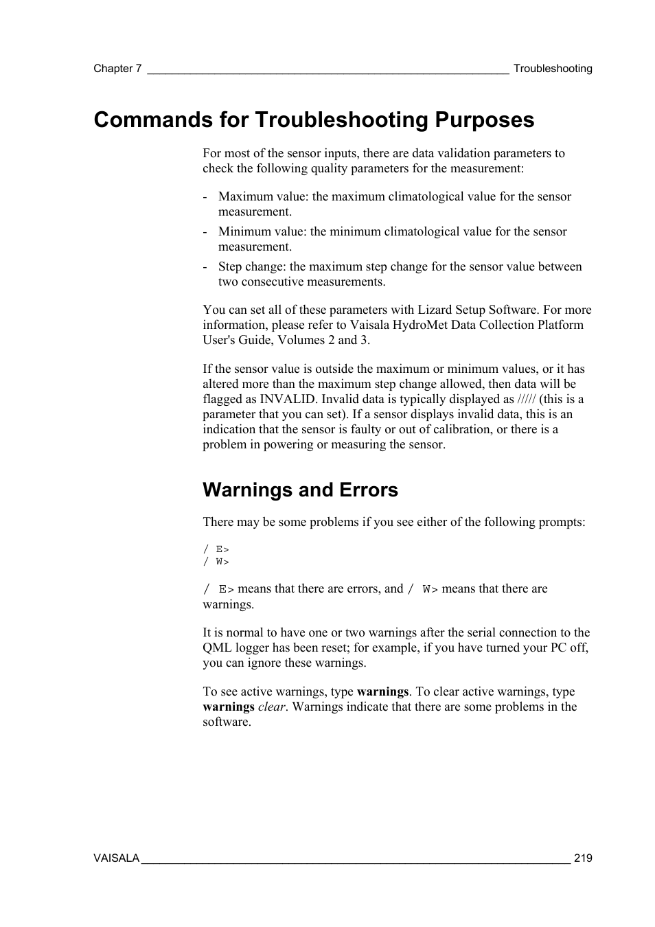Commands for troubleshooting purposes, Warnings and errors | Vaisala AWS330 User Manual | Page 221 / 296