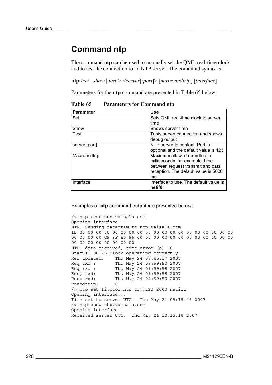 Command ntp | Vaisala AWS330 User Manual | Page 230 / 296