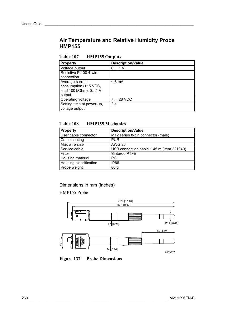 Air temperature and relative humidity probe hmp155, Dimensions in mm (inches) | Vaisala AWS330 User Manual | Page 262 / 296