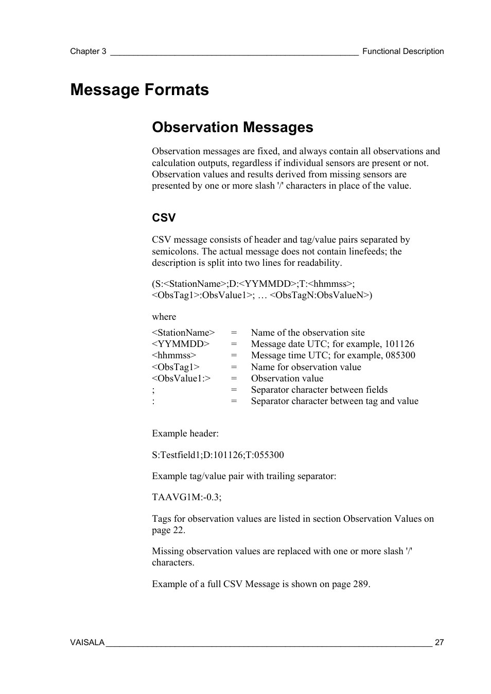 Message formats, Observation messages | Vaisala AWS330 User Manual | Page 29 / 296