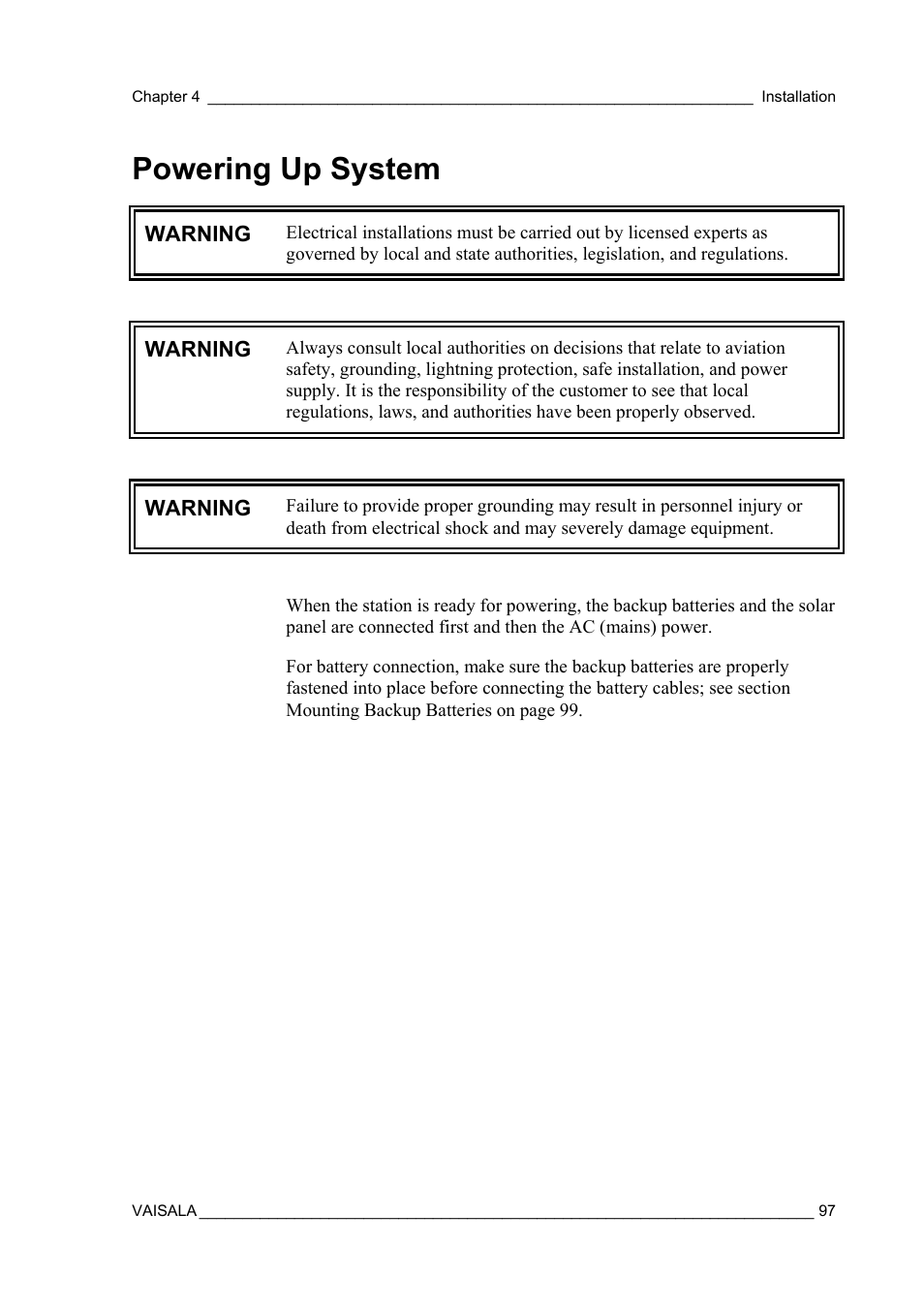 Powering up system | Vaisala AWS330 User Manual | Page 99 / 296