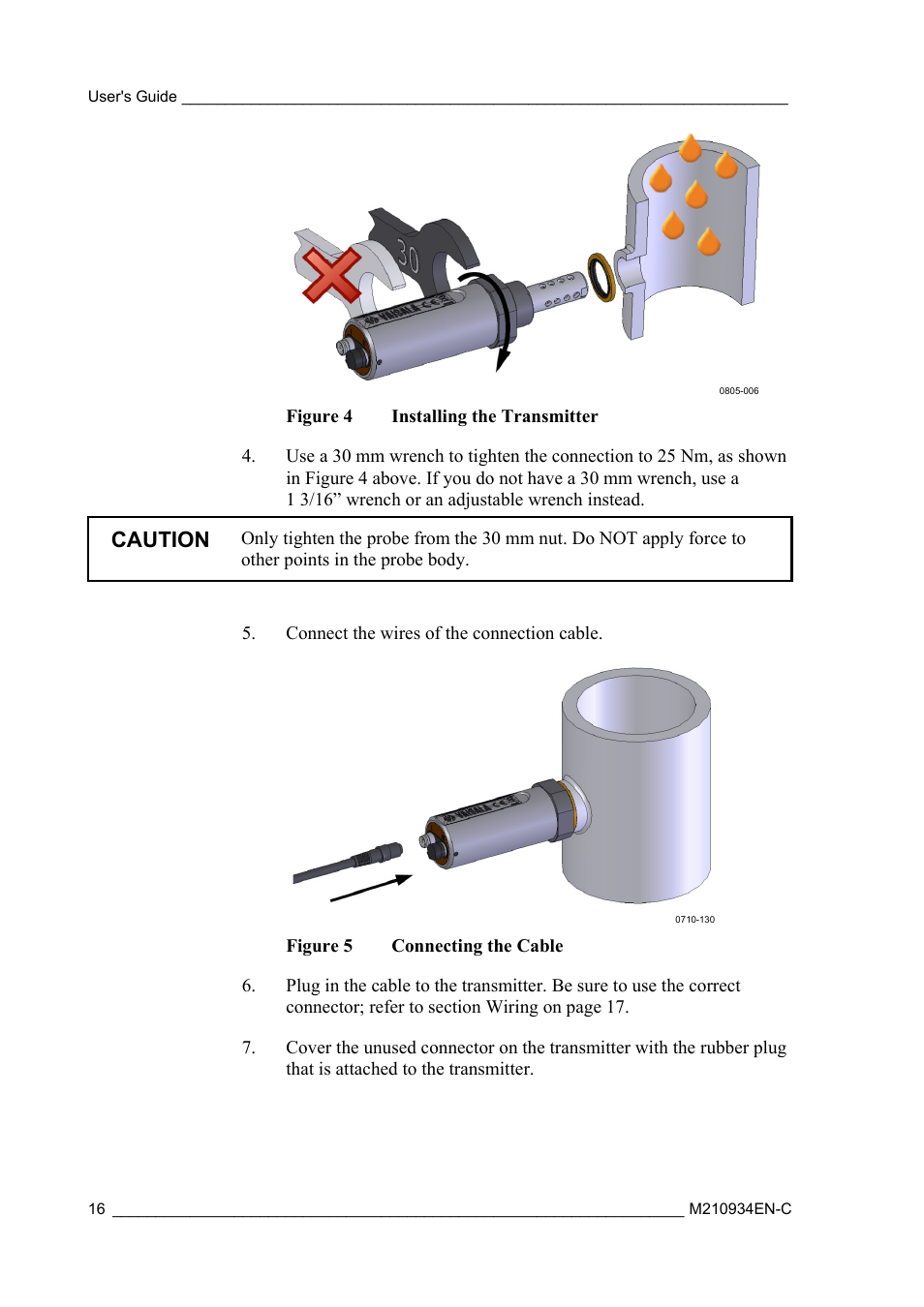 Figure 4, Installing the transmitter, Figure 5 | Connecting the cable, Caution | Vaisala MMT162 User Manual | Page 18 / 66