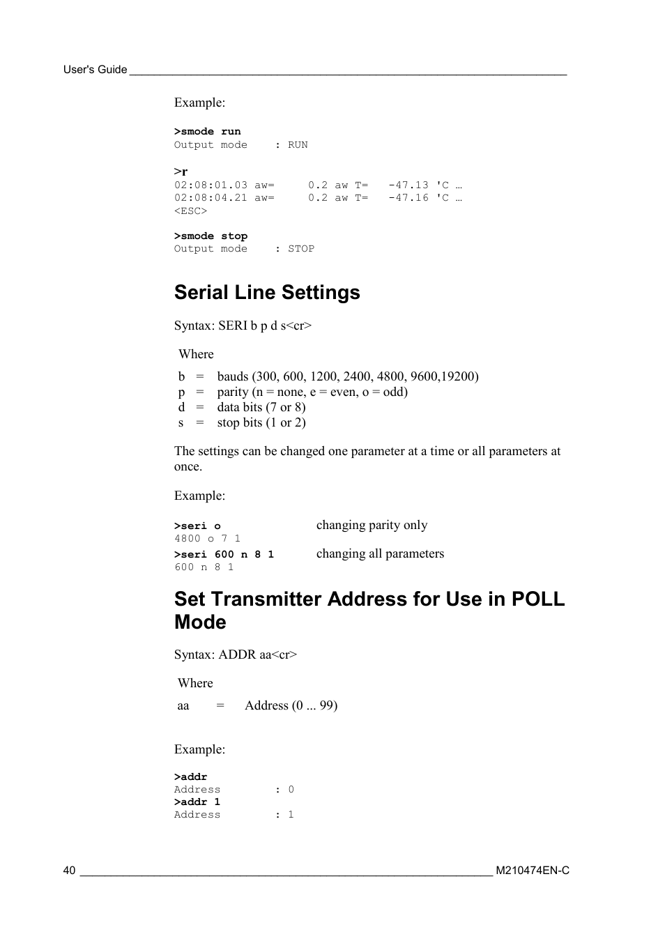 Serial line settings, Set transmitter address for use in poll mode | Vaisala MMT310 User Manual | Page 40 / 81