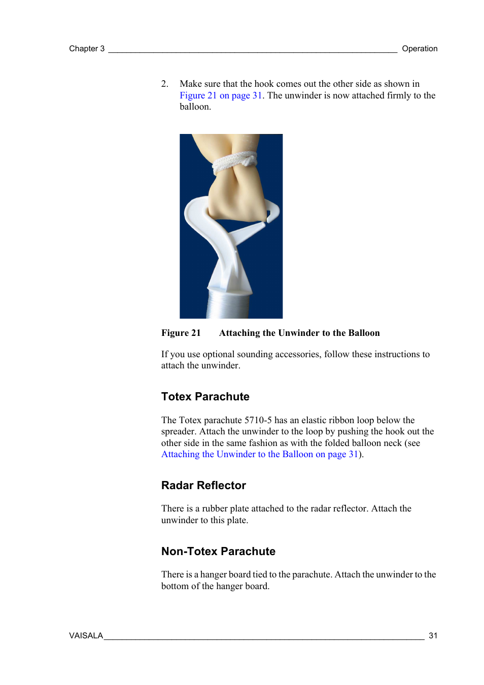 Totex parachute, Radar reflector, Non-totex parachute | Figure 21, Attaching the unwinder to the balloon, Ee section | Vaisala RS92-KL User Manual | Page 33 / 45