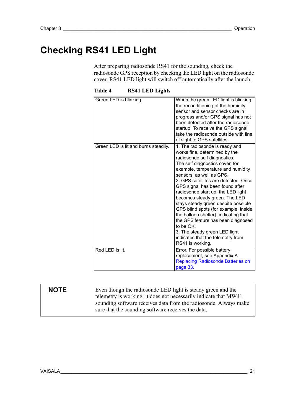 Checking rs41 led light, Table 4, Rs41 led lights | Vaisala RS41 User Manual | Page 23 / 44