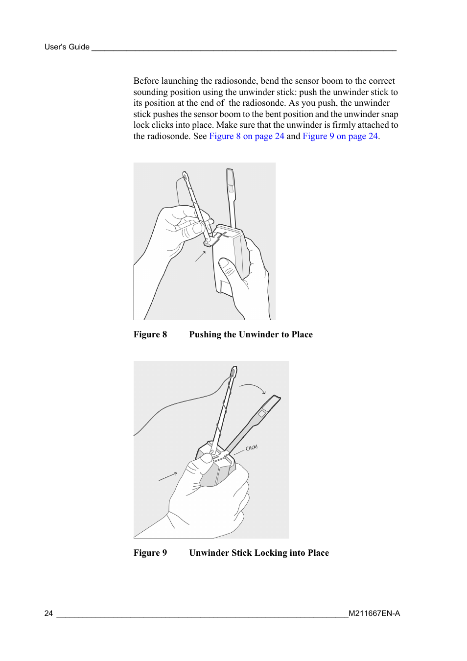 Figure 8, Pushing the unwinder to place, Figure 9 | Unwinder stick locking into place | Vaisala RS41 User Manual | Page 26 / 44