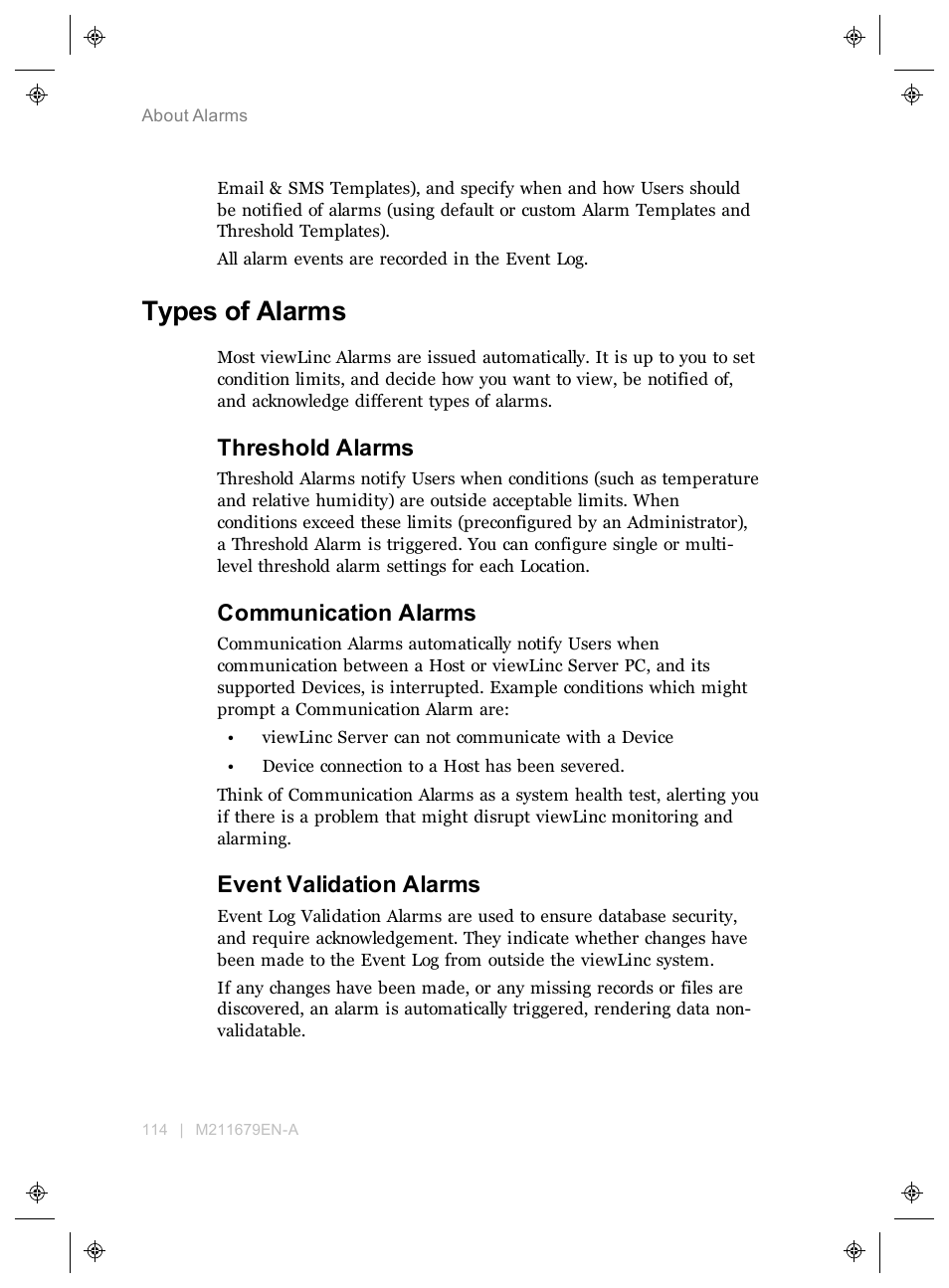 Types of alarms, Threshold alarms, Communication alarms | Event validation alarms, Threshold alarms), Event validation alarms) | Vaisala viewLinc 4.3 User Manual | Page 122 / 206