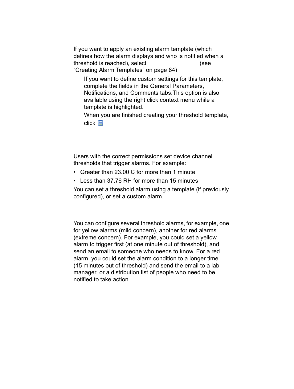 Setting, Threshold alarms, Setting threshold alarms | Vaisala viewLinc-4.1-M211518 User Manual | Page 100 / 175