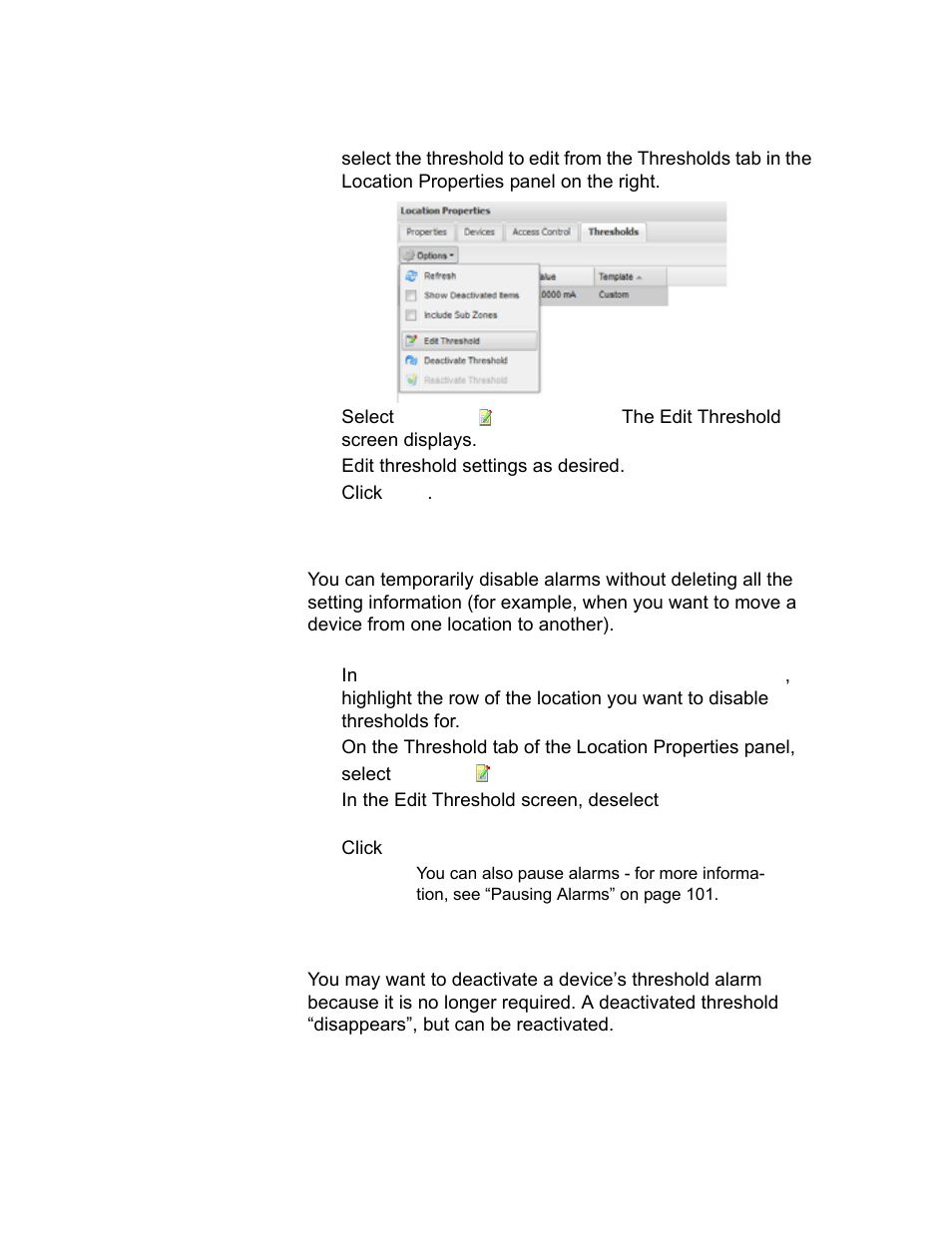 Disabling threshold alarms, Deactivating and reactivating threshold alarms | Vaisala viewLinc-4.1-M211518 User Manual | Page 103 / 175