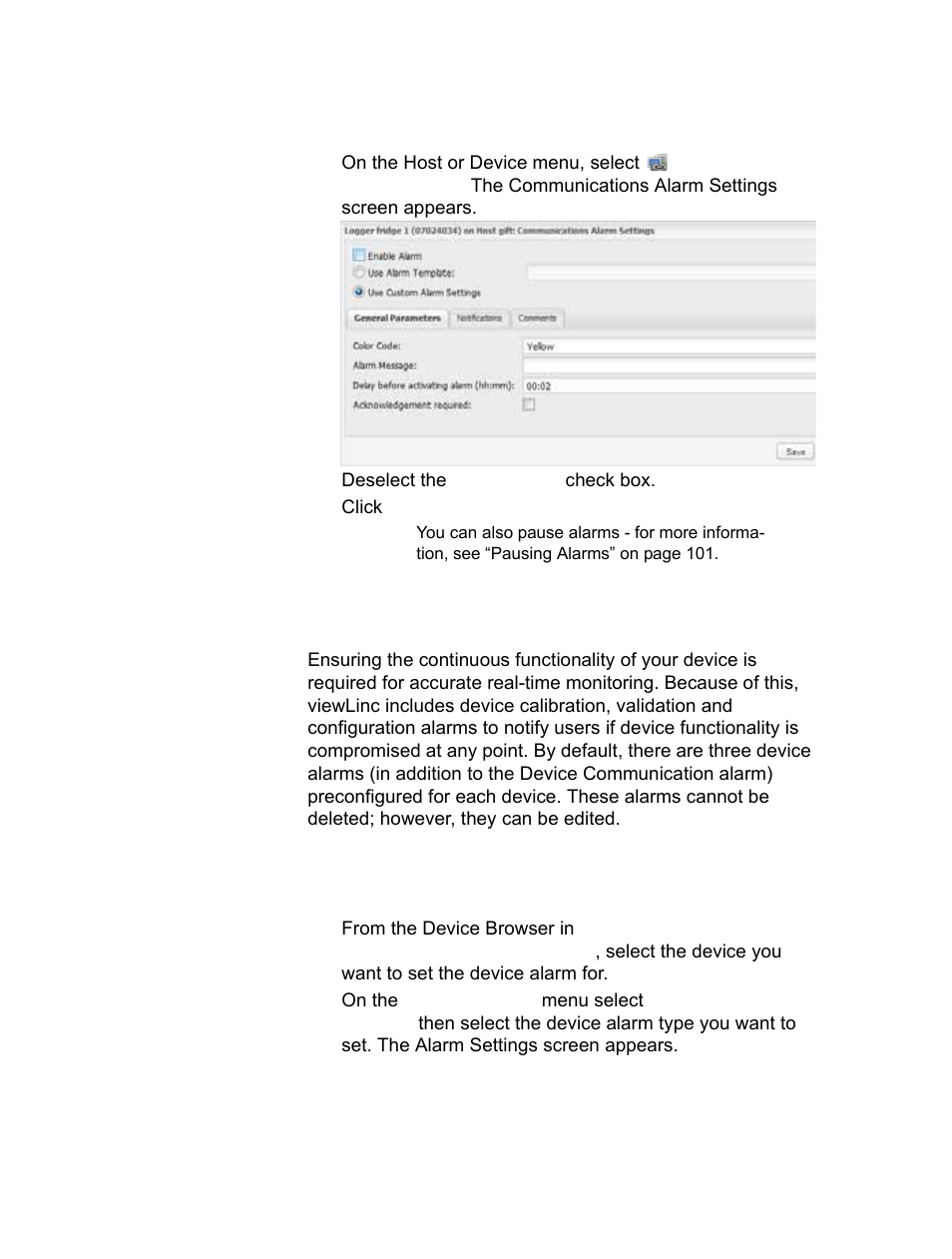 Device alarms, Setting device alarms | Vaisala viewLinc-4.1-M211518 User Manual | Page 107 / 175