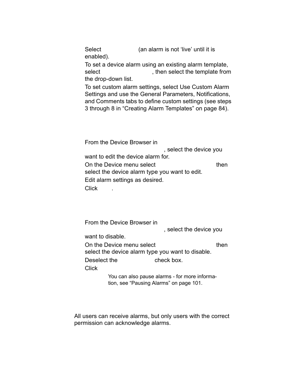 Acknowledging alarms, Editing device alarms, Disabling device alarms | Vaisala viewLinc-4.1-M211518 User Manual | Page 108 / 175