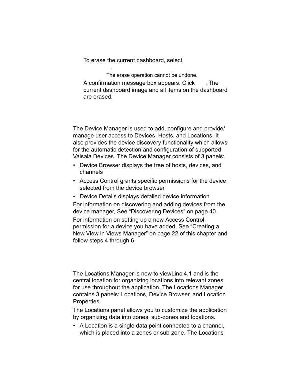 Erasing the dashboard 26, About device manager, About locations manager | Erasing the dashboard | Vaisala viewLinc-4.1-M211518 User Manual | Page 38 / 175