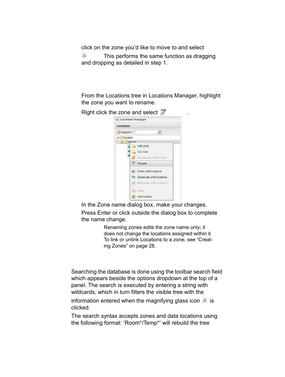 Searching for zones and locations 30, Renaming zones, Searching for zones and locations | Vaisala viewLinc-4.1-M211518 User Manual | Page 42 / 175