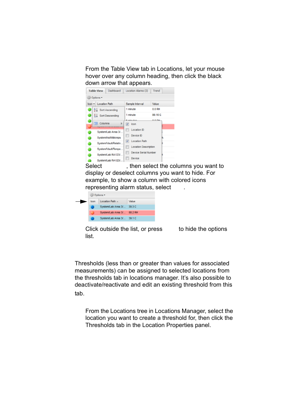 Hiding and showing location columns 36, Hiding and showing location columns, Creating and editing location thresholds | Vaisala viewLinc-4.1-M211518 User Manual | Page 48 / 175