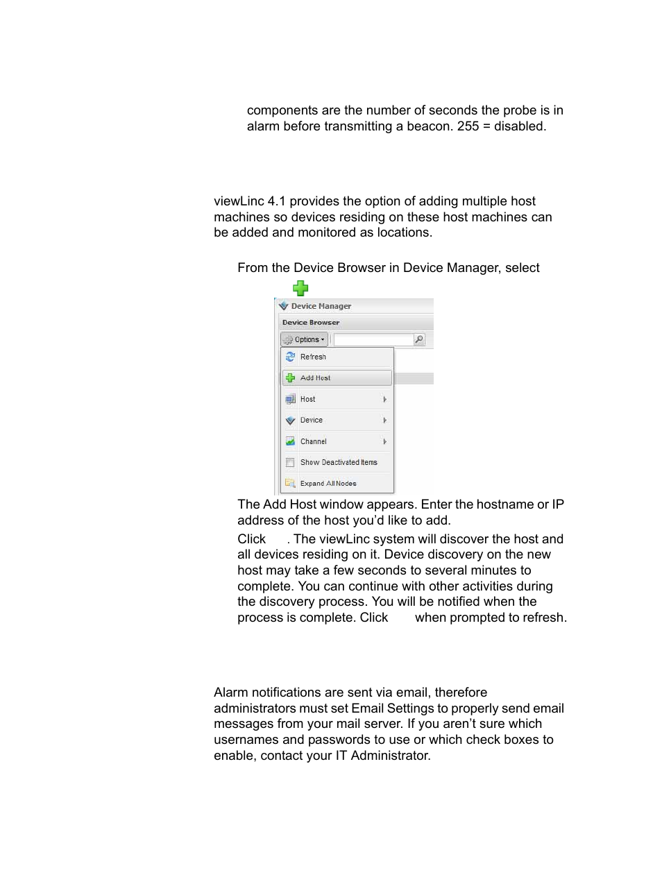 Configuring email, Adding hosts, Configuring email settings | Vaisala viewLinc-4.1-M211518 User Manual | Page 64 / 175