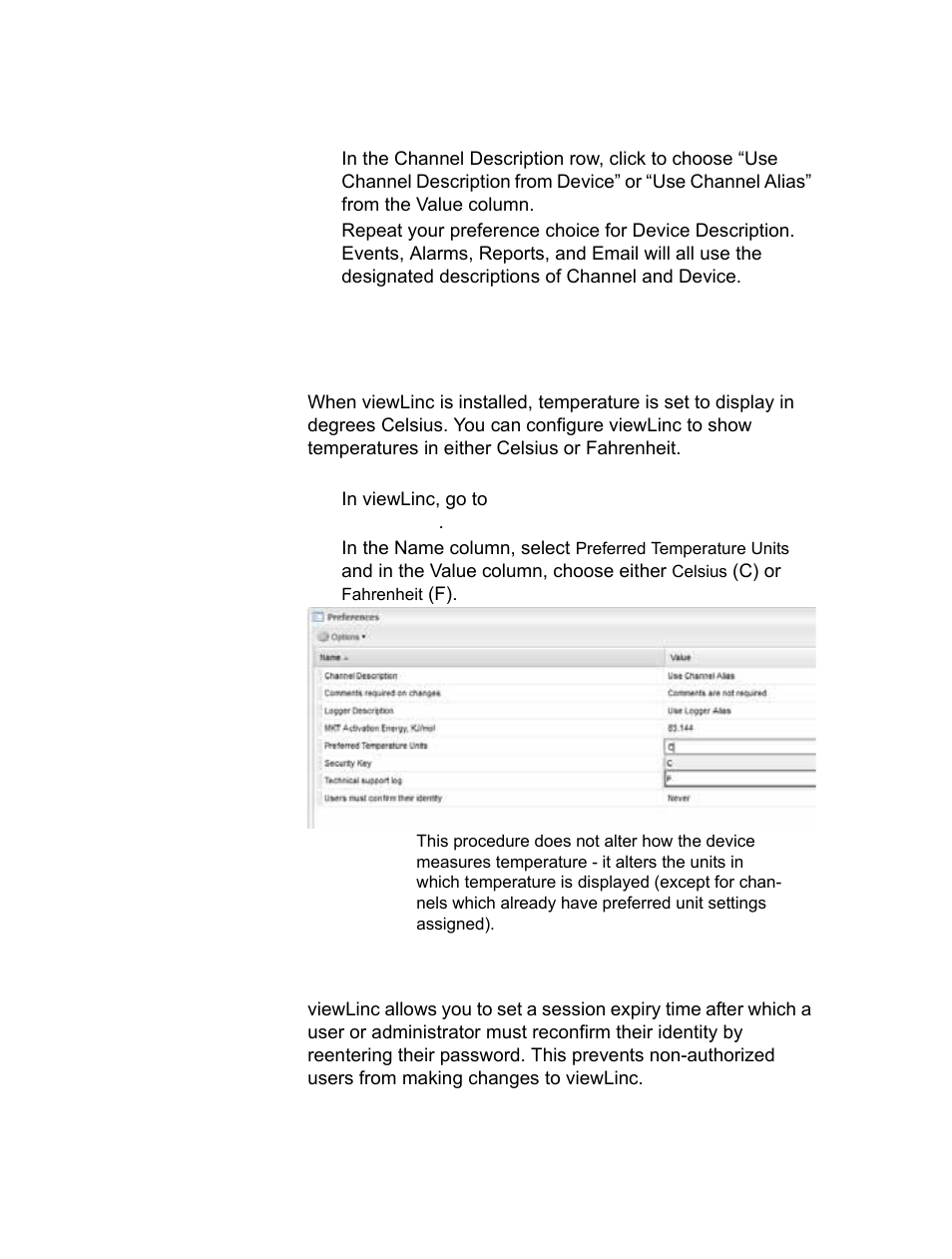 Choosing temperature measurement unit preferences, Setting session expiry time | Vaisala viewLinc-4.1-M211518 User Manual | Page 72 / 175