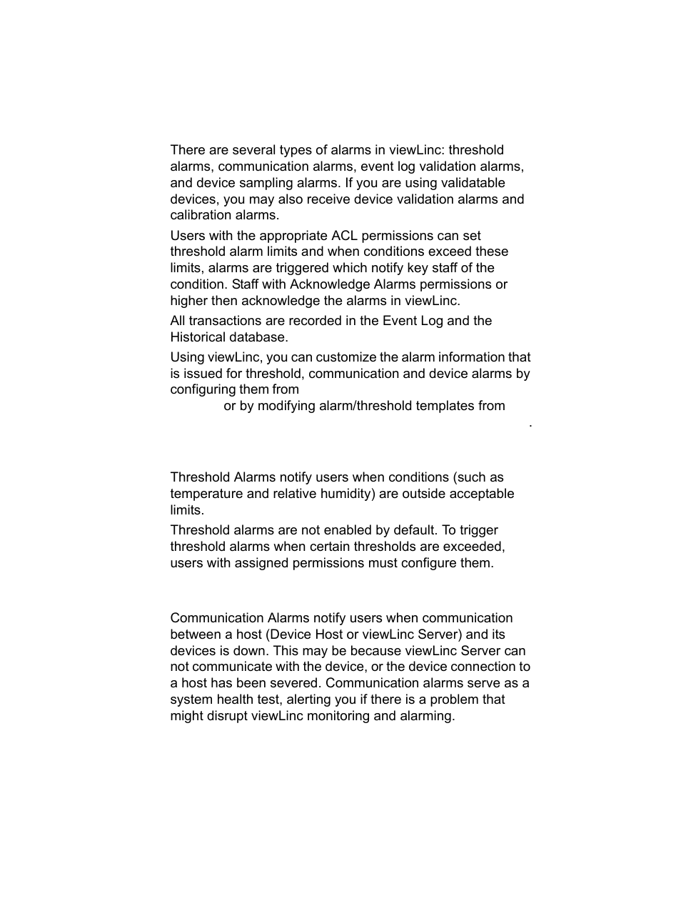 About alarms 82, About alarms, Threshold alarms | Communication alarms | Vaisala viewLinc-4.1-M211518 User Manual | Page 92 / 175
