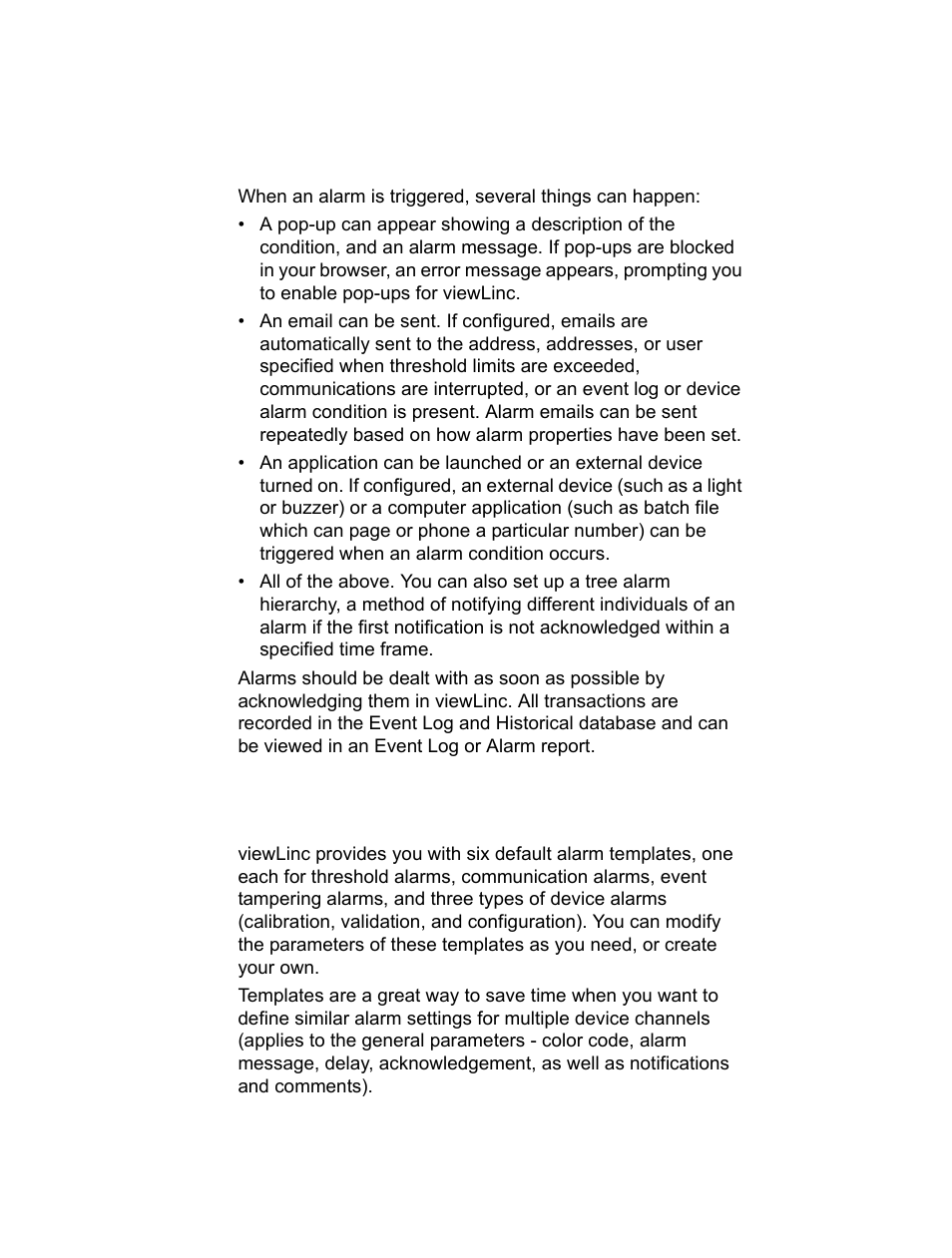 What happens when an alarm is triggered? 84, Creating, Creating alarm templates | What happens when an alarm is triggered | Vaisala viewLinc-4.1-M211518 User Manual | Page 94 / 175