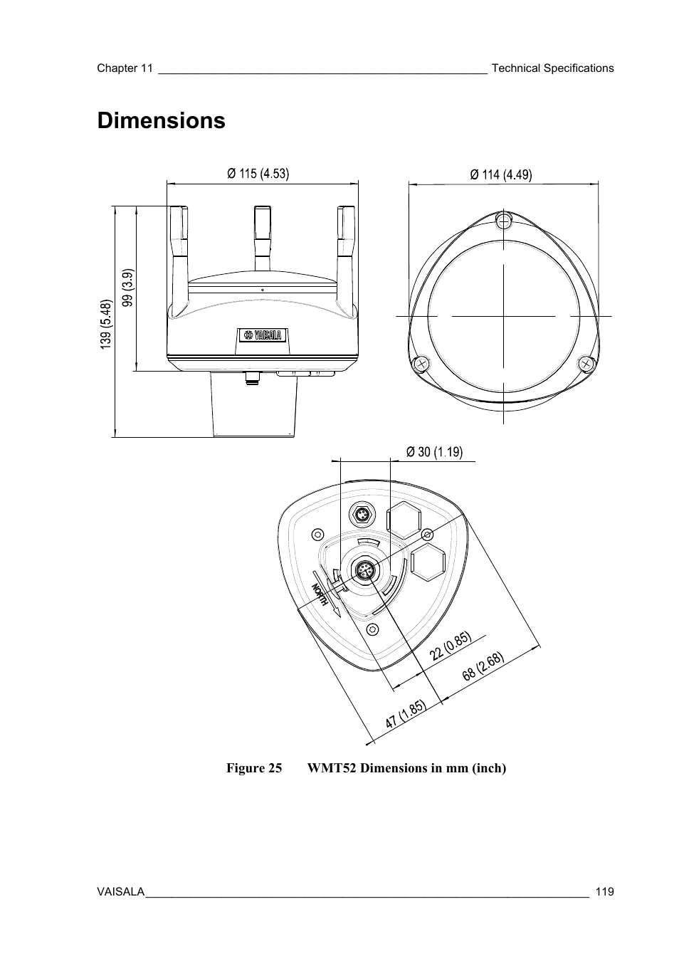 Dimensions, Figure 25, Wmt52 dimensions in mm (inch) | Vaisala WMT52 User Manual | Page 121 / 143
