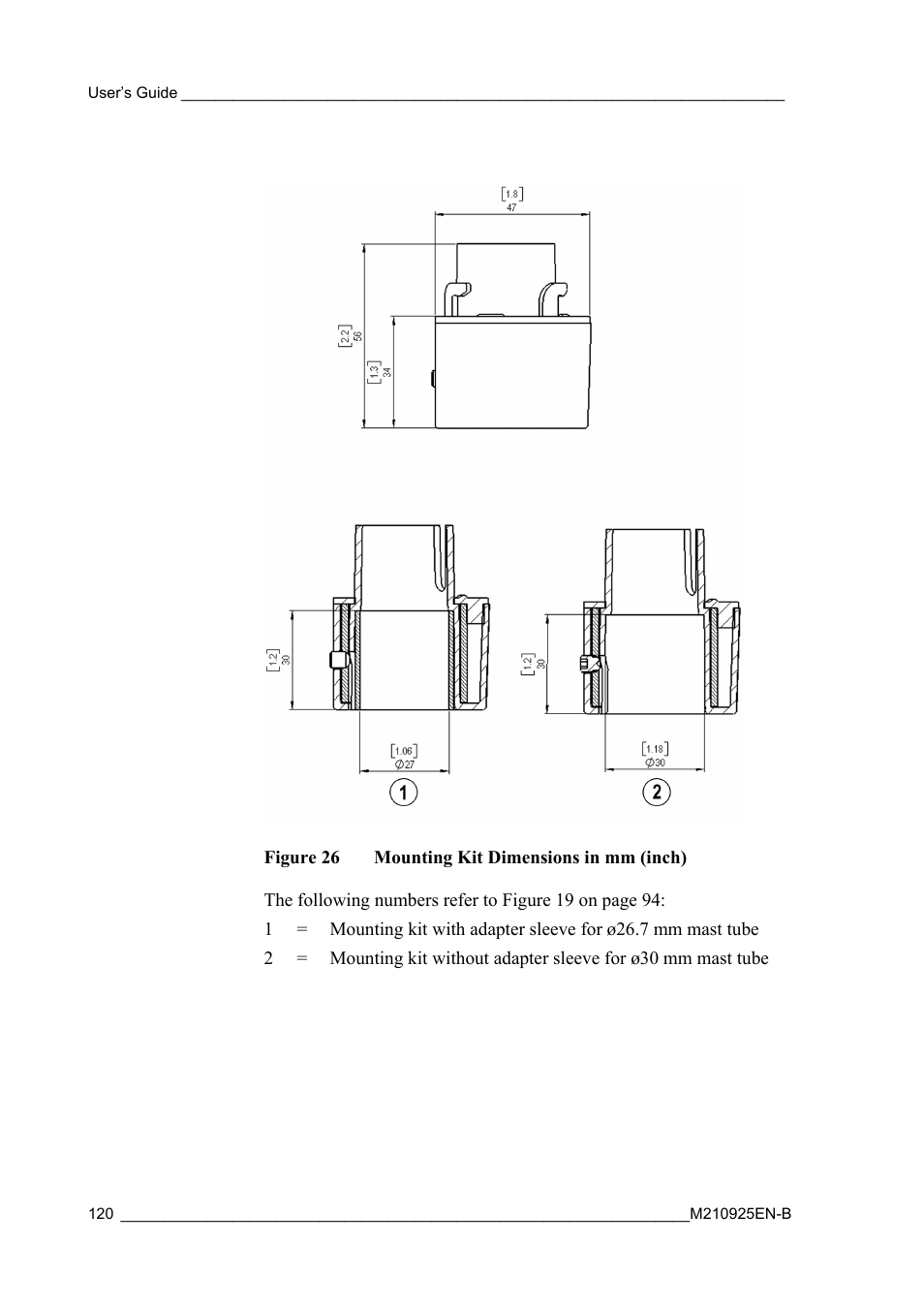 Figure 26, Mounting kit dimensions in mm (inch) | Vaisala WMT52 User Manual | Page 122 / 143