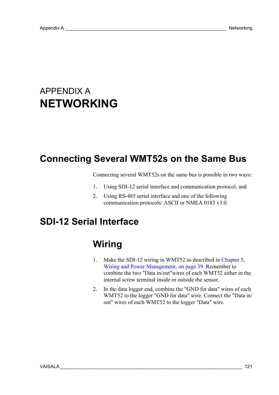 Appendix a networking, Connecting several wmt52s on the same bus, Sdi-12 serial interface | Wiring, Appendix a, If you need to change the device address, see, Networking, Sdi-12 serial interface wiring | Vaisala WMT52 User Manual | Page 123 / 143