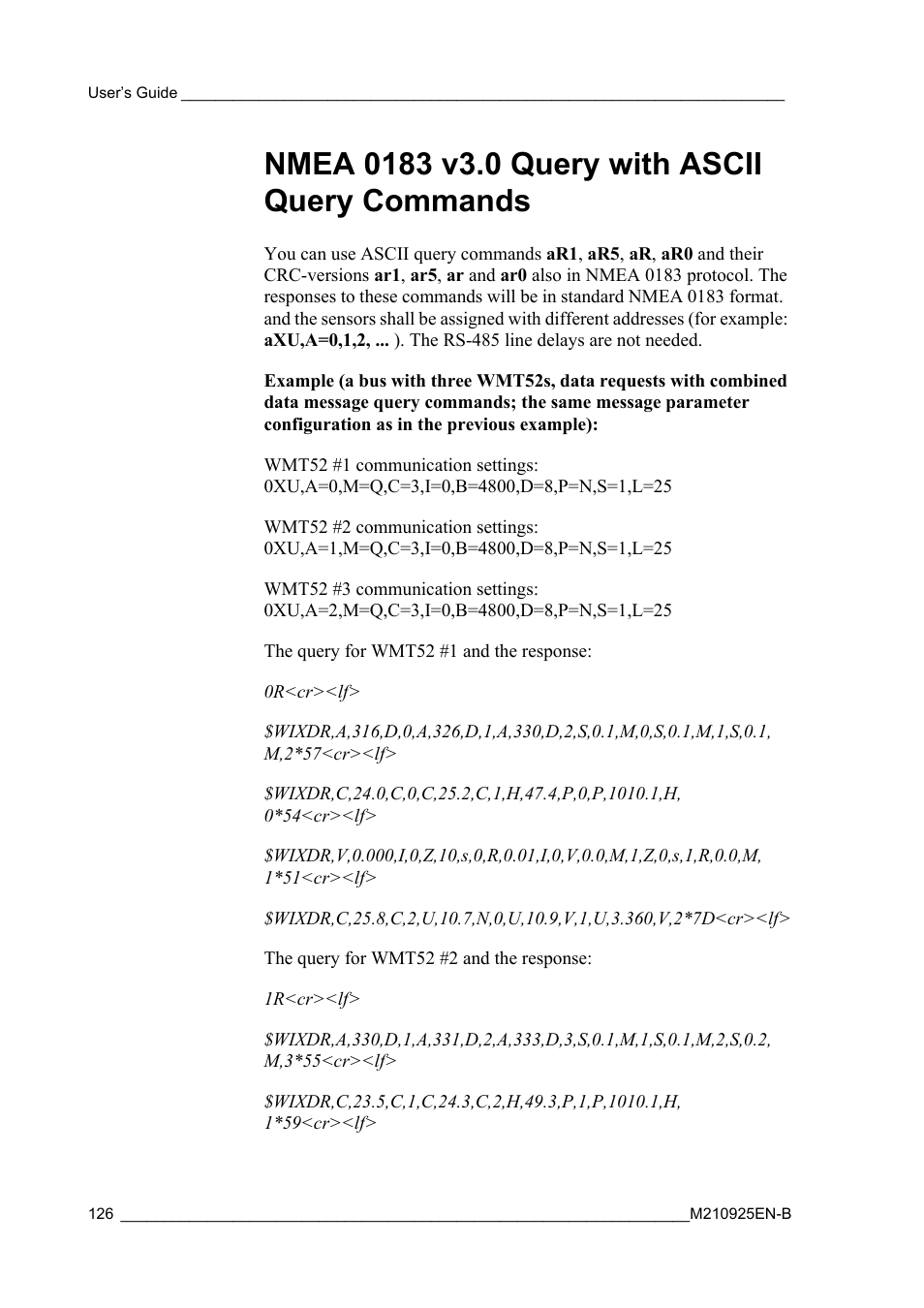 Nmea 0183 v3.0 query with ascii query commands | Vaisala WMT52 User Manual | Page 128 / 143