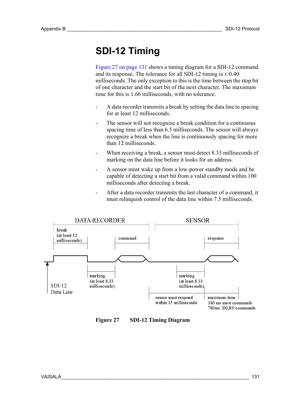 Sdi-12 timing, Figure 27, Sdi-12 timing diagram | Vaisala WMT52 User Manual | Page 133 / 143