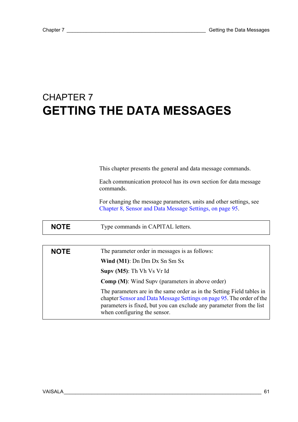 Chapter 7 getting the data messages, Chapter 7, Getting the data messages | Vaisala WMT52 User Manual | Page 63 / 143