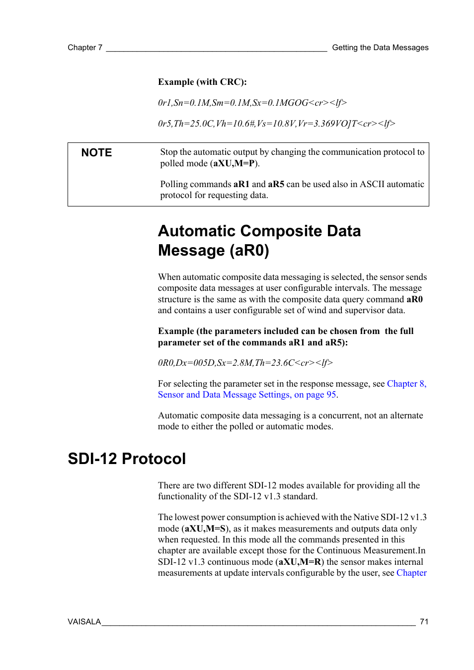 Automatic composite data message (ar0), Sdi-12 protocol | Vaisala WMT52 User Manual | Page 73 / 143