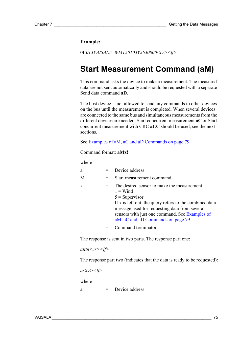 Start measurement command (am) | Vaisala WMT52 User Manual | Page 77 / 143