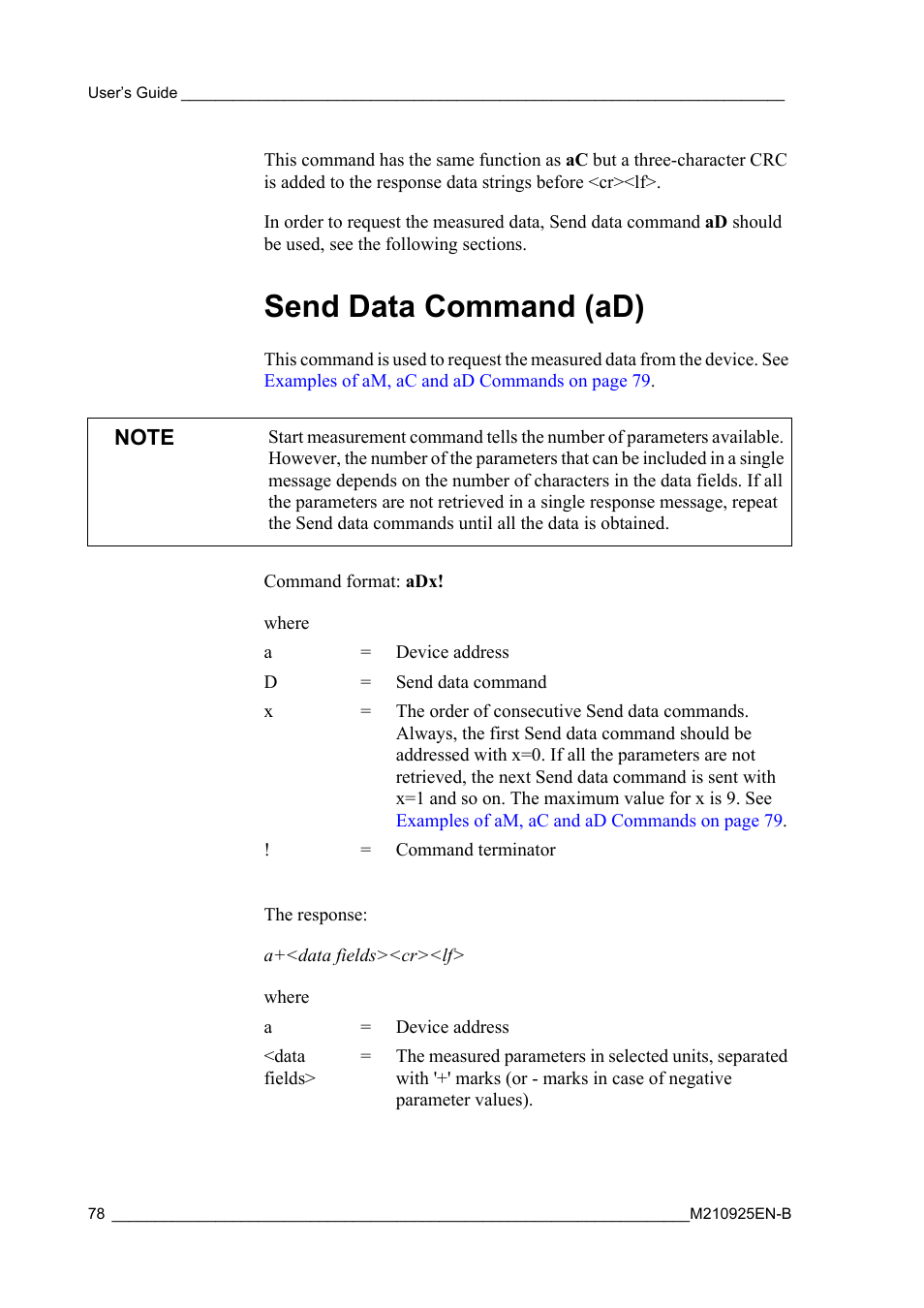 Send data command (ad) | Vaisala WMT52 User Manual | Page 80 / 143