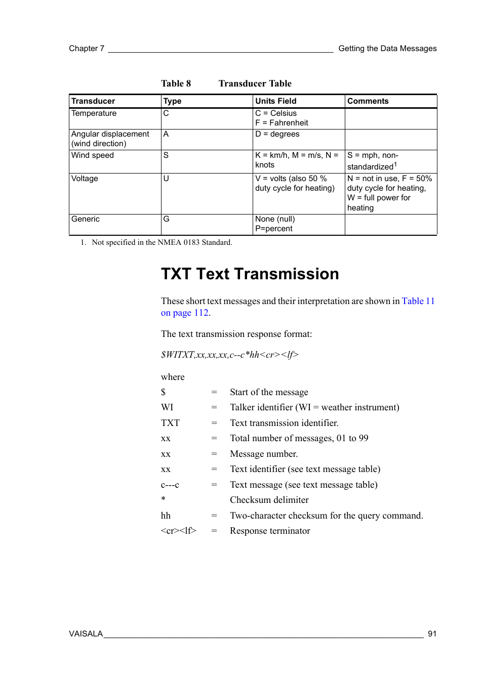Txt text transmission, Table 8, Transducer table | Vaisala WMT52 User Manual | Page 93 / 143