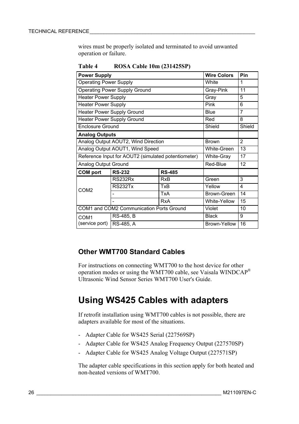 Other wmt700 standard cables, Using ws425 cables with adapters | Vaisala WMT700 User Manual | Page 28 / 80