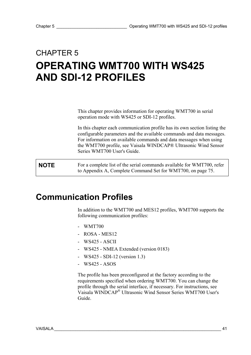 Operating wmt700 with ws425 and sdi-12 profiles, Communication profiles, Chapter 5 | Vaisala WMT700 User Manual | Page 43 / 80